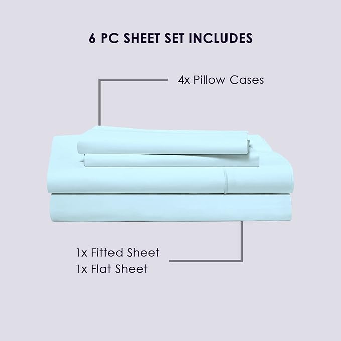 Pizuna Pure 100% Cotton Queen Size Sheets, 6pc Set with Deep Pocket, 800 TC Long Staple Crisp Sateen in Combed Baby Blue Cotton