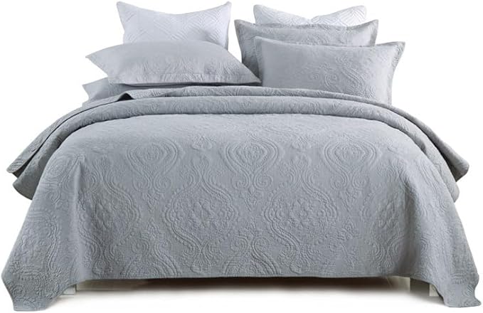 Quilt Set Floral Leaves 3D Embroidery Pattern 3 PCS Cotton Reversible Quilted Embroidered Decorative Bedspreads Coverlet Set, Lightweight &Soft Queen Size Beige Bedding Coverlet for All Season