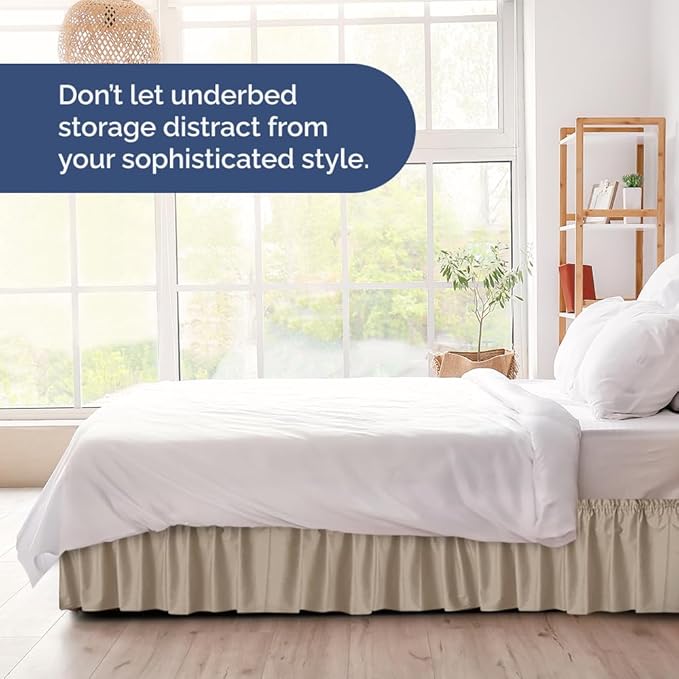 Wrap Around Dust Ruffle Bed Skirt - Cream - for Twin Size Beds w/ 16 Inch Drop - Easy Fit Elastic Strap - Adjustable Pleated Bedskirt w/Brushed Fabric, Wrinkle & Fade Free Women, Men, Kids & Teens