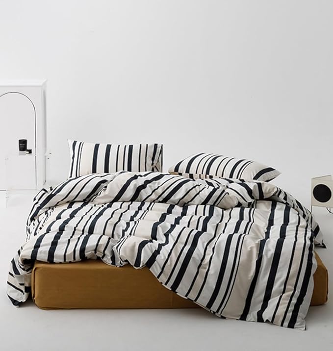 KAREVER Striped Comforter Set King Black and White Comforter Men Women Modern Chic Stripes Bed Comforters Beige Black Striped King Ticking Bedding Comforter Set All Season Hotel Quality Bed Set