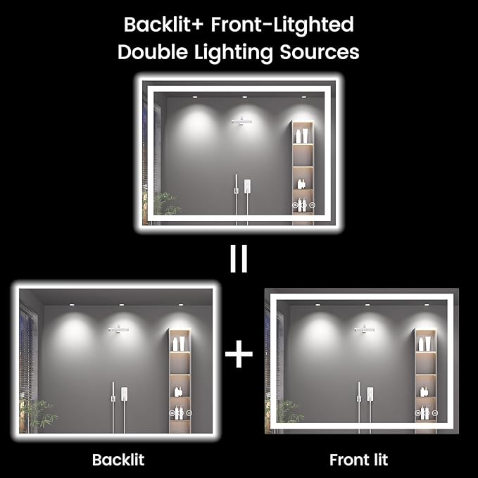 48X40 LED Bathroom Mirror with Lights, Anti-Fog, Backlit + Front Lit (CRI>90), Lighted Bathroom Vanity Mirror for Wall, Memory Function, Dimmable, Tempered Glass, Shatter-Proof, ETL Listed