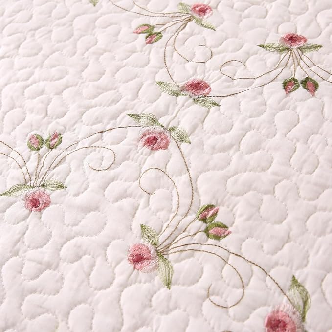 Quilt Set Floral Leaves 3D Embroidery Pattern 3 PCS Cotton Reversible Quilted Embroidered Decorative Bedspreads Coverlet Set, Lightweight &Soft Queen Size Beige Bedding Coverlet for All Season