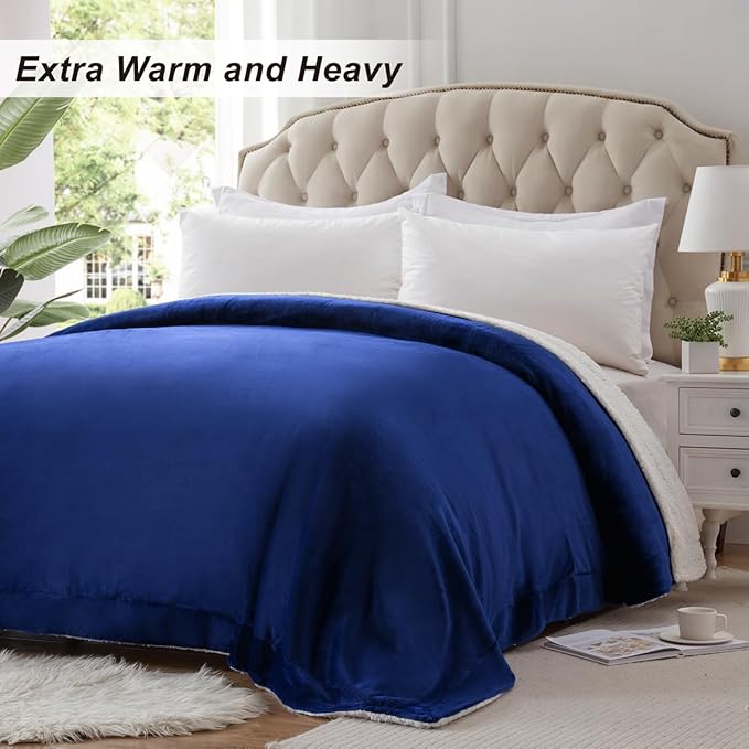 KAWAHOME Sherpa Fleece Twin Size Blanket for Bed - Extra Warm and Heavy Thick Blankets for Winter, Super Soft 500GSM Plush Blanket, 66"X 90" Navy Blue
