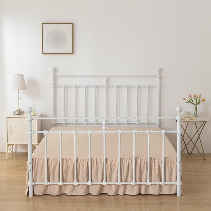 Bed Skirt Full Size Ruffled Bed Skirt with Split Corners, 14 Inch Drop Dust Ruffle Bed Skirts with Platform, Boho Tufted Shabby Chic Full Size Bed Skirts, Cream