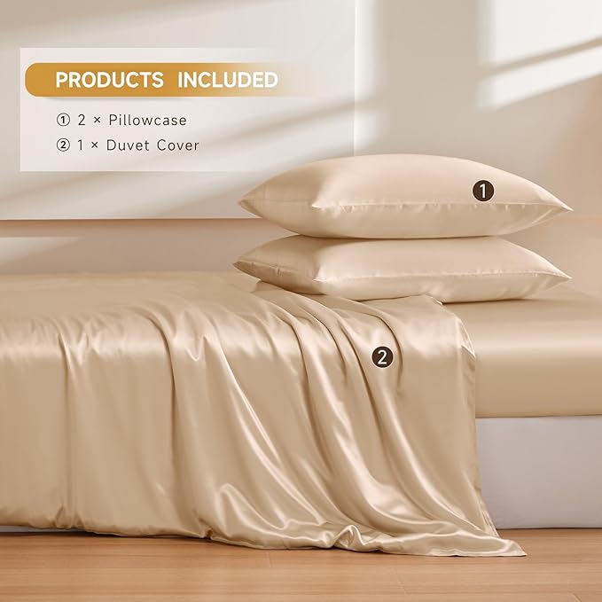 THXSILK 100% Pure Mulberry Silk Duvet Cover Set 3 Piece, 6A+ Grade Luxury Soft Bedding Silk Sheets for Hair and Skin, 1 Pcs Quilt/Comforter Cover with 2 Zippered Pillowcases (Champagne, Queen)