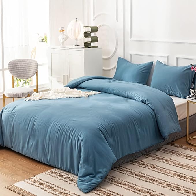 Cottonight Blue Comforter Sets King Lake Blue Bedding Set Haze Blue Blanket Quilt Solid Color Modern Breathable Soft King Bedding Comforter Sets for Women Men