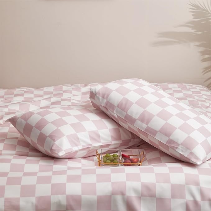 KAREVER Pink White Grid Comforter Set Cal King Pink Plaid Bedding Set Women Pink White Checkered Bed Blanket Set Men Durable Breathable Bedding Comforter Set
