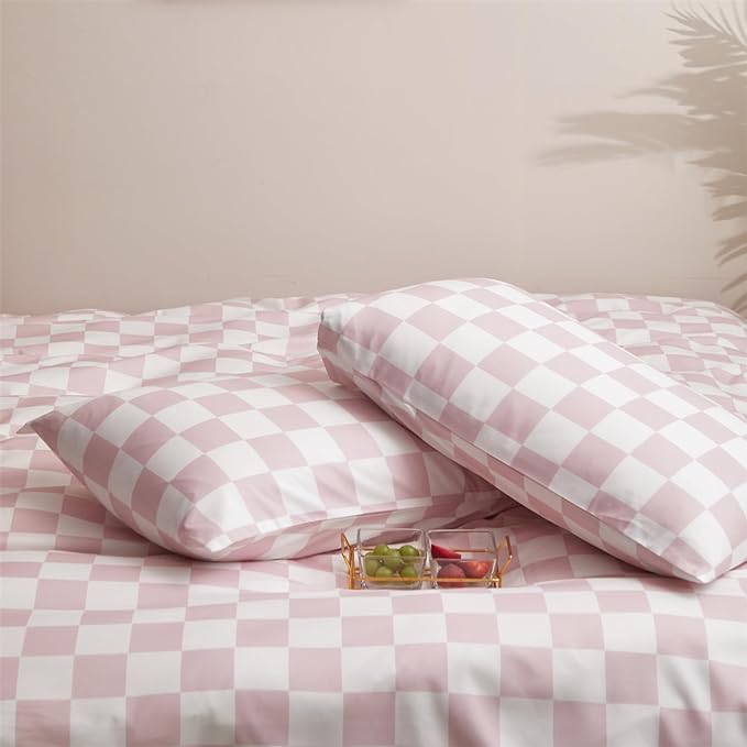 KAREVER Pink White Grid Comforter Set King Pink Plaid Bedding Set Women Pink and White Checkered Bed Comforter Set Breathable Blanket Set Men Durable Bedding Comforter Set