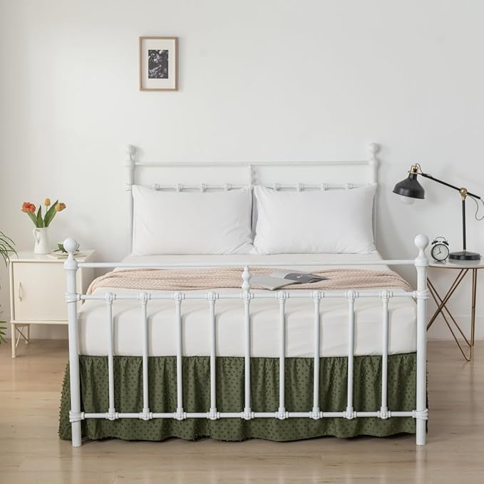 Tufted Dot Bed Skirt Queen Size Ruffled Bed Skirt with Split Corners, 14 Inch Drop Dust Ruffle Bed Skirts with Platform, Olive Green