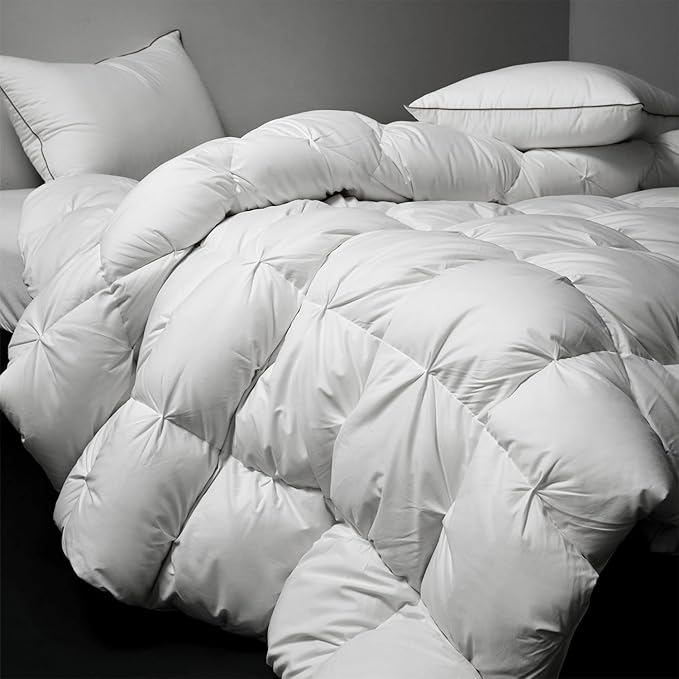 Royoliving Premium Pinch Pleat Feathers Down Comforter King Size White 100% Cotton Cover All Season Duvet Insert with Corner Tabs (106x90, 70 oz)