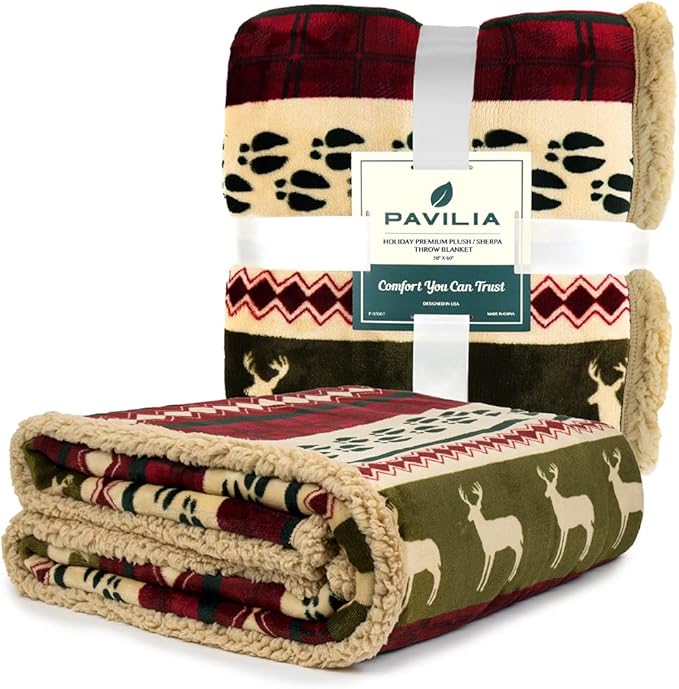 Pavilia Christmas Sherpa Blanket Throw Queen Bed - Red Flannel Fleece Christmas Decoration - Plush, Warm, Soft, Cozy Reversible Winter Holiday Blanket 90x90