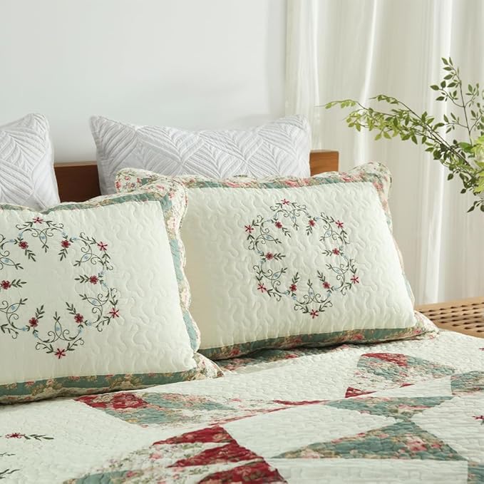 Cotton Bedspread Quilt Bedding Sets, 3 Pieces Reversible Coverlets Comforters Star with Green Floral Real Patchwork Bedspread, Queen Size