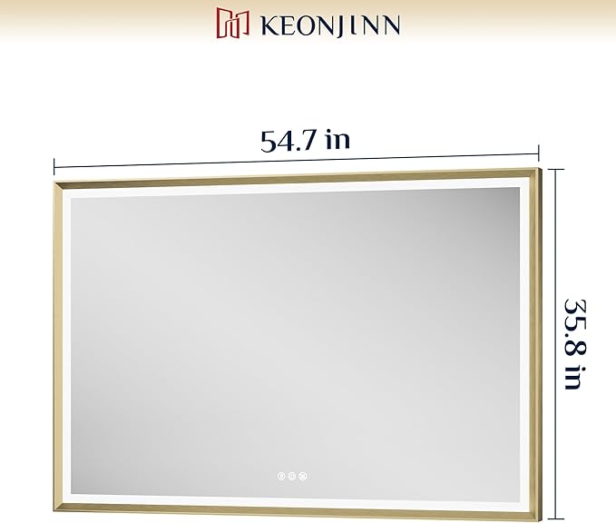 Keonjinn 55” x 36” LED Bathroom Mirror with Frontlit & Backlit, Gold Metal Framed Lighted Mirror with Stepless Dimmable 3-Color Temperatures, Anti Fog, UL-Listed Driver, No Dark Corner