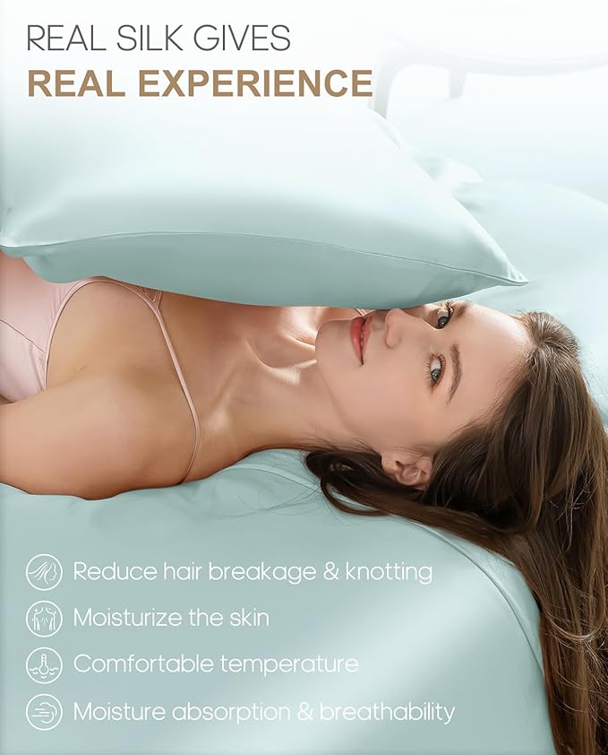 THXSILK Set of 2 100% Mulberry Silk Pillowcase for Hair and Skin, Grade 6A+ Mulberry Silk Pillow Cases 22 Momme, Hypoallergenic Pillow Case Cover with Zipper (Queen 20"x30", Light Blue)