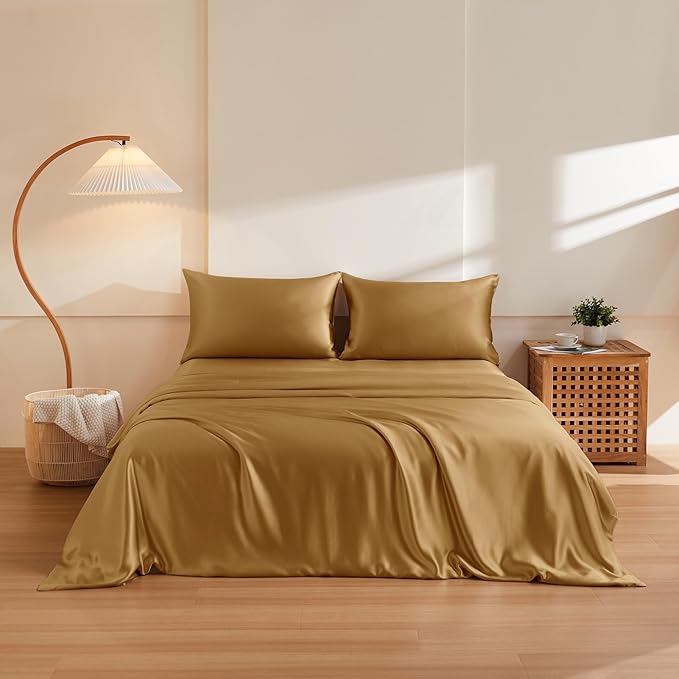 THXSILK 100% Pure Mulberry Silk Duvet Cover Set 3 Piece, 6A+ Grade Luxury Soft Bedding Silk Sheets for Hair and Skin, 1 Pcs Quilt/Comforter Cover with 2 Zippered Pillowcases (Metallic Gold, King)