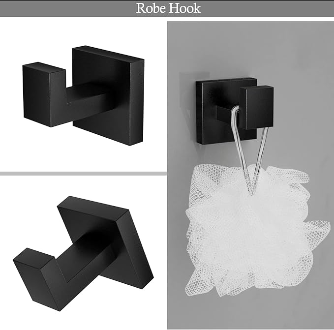Ralbay 24" Matte Black Towel Bar 3-Pieces Set SUS 304 Stainless Steel Square Style Wall Mounted Towel Rack Set, Includes 24" Towel Single Bar, Toilet Paper Holder, Robe Towel Hook