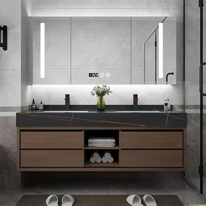 92IN Double Sink Bathroom Vanity, Floating Modern Bathroom Vanity Include Smart Defog Mirror Cabinet with LED Light, Solid Wood Vanities with Integrated Sink and Drawers Storage