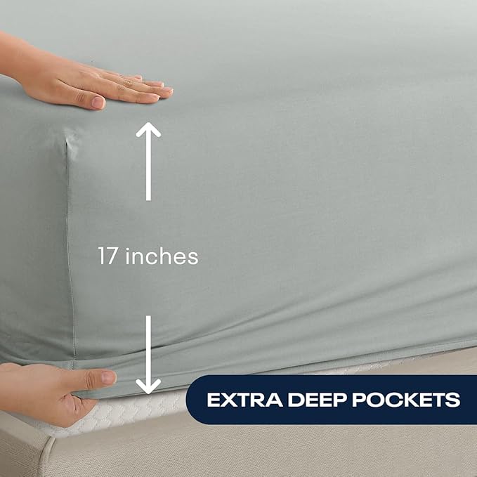 Reebok Twin Size Sheet Set from Tencel Eucalyptus - Soft, Cooling & Breathable for Hot Sleepers, Deep Pocket Up to 17 Inches, 4Pc Hotel Luxury Bedding Set, Bedsheet & Pillowcases (Lunar Rock, Twin)