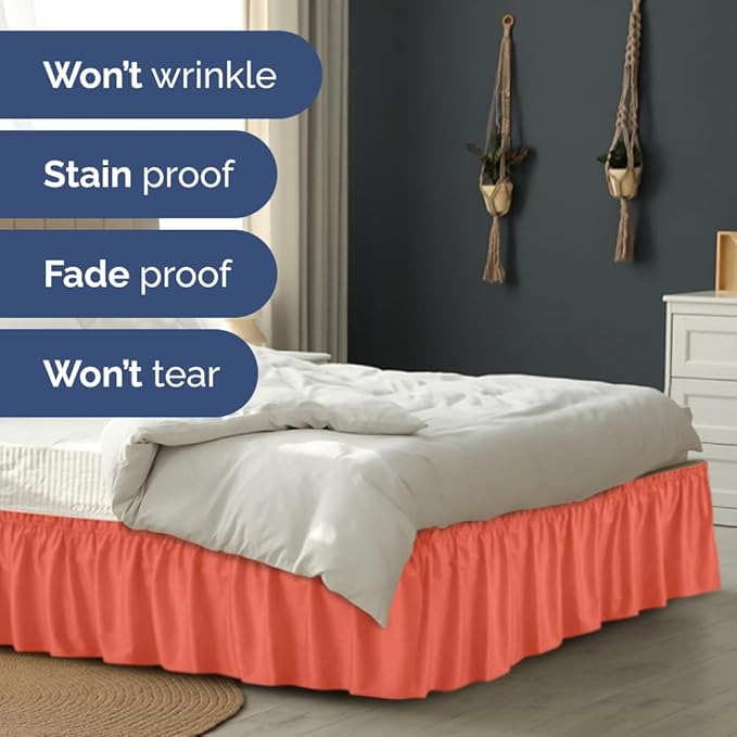 Wrap Around Dust Ruffle Bed Skirt - Coral - for Queen Size Beds with 12 Inch Drop - Easy Fit Elastic Strap - Adjustable Pleated Bedskirt w/Brushed Fabric - Wrinkle Free - for Women, Men, Kids & Teens