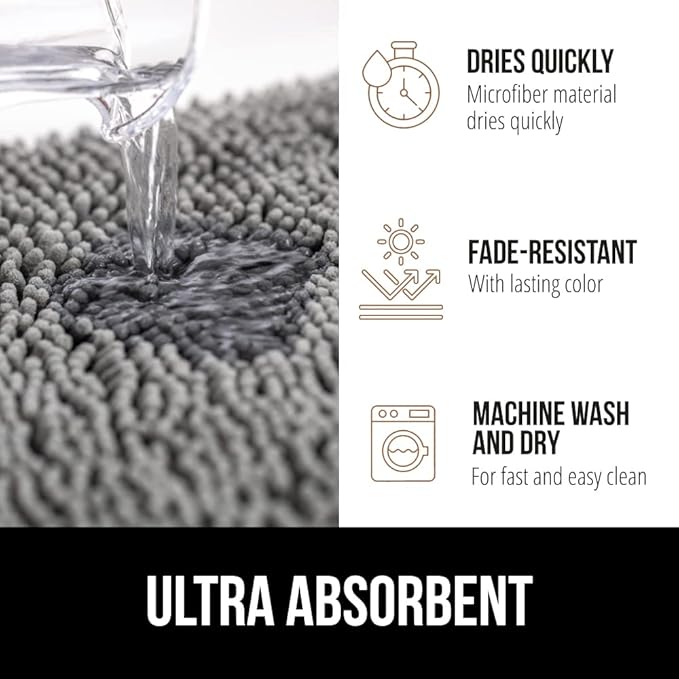 GORILLA GRIP Bath Rug Mat 30x20, Thick Soft Absorbent Chenille, Quick Dry Microfiber Mats, Rubber Backing Washable Shower Floor Rugs, Bathmat Runner, US Designed Bathroom Home Decor Accessories Grey