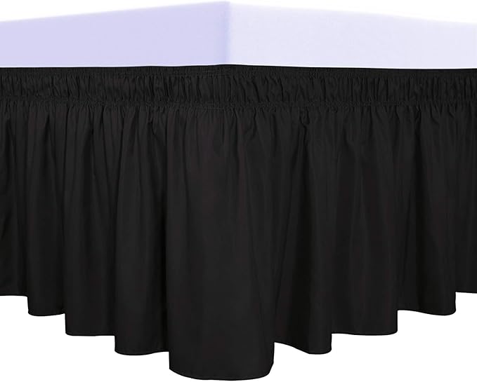 PureFit Wrap Around Ruffled Bed Skirt with Adjustable Elastic Belt - 14 Inch Drop Easy to Put On, Wrinkle Free Bedskirt Dust Ruffles, Bed Frame Cover for Queen, King and C-King Size Beds, Black