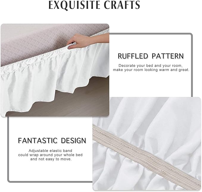 MEILA Wrap Around Bed Skirt Three Fabric Sides Elastic Dust Ruffled 14 Inch Tailored Drop,Easy to Install Fade Resistant-White, Twin/Full