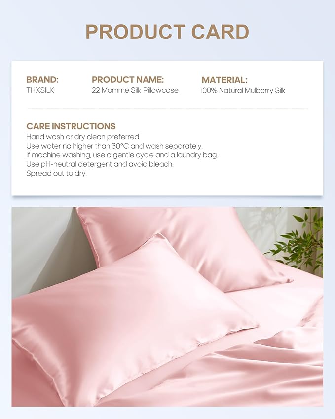 THXSILK Set of 2 100% Mulberry Silk Pillowcase for Hair and Skin Health, 22 Momme Soft and Smooth Pillowcases with Hidden Zipper, Both Sides Premium Grade 6A+ Silk, California King 20"x40", Pink