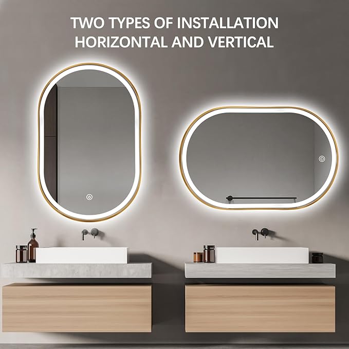 Oval LED Bathroom Mirror, 32"x20" Lighted Wall Mounted Vanity Mirror with Metal Frame, Anti-Fog IP66 Waterproof Smart Mirror, Memory Function, (Horizontal or Vertical), Gold