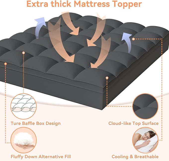 Topllen Twin XL Mattress Topper for Back Pain Relief, Extra Thick Pillow Top Plush Mattress Pad with Deep Pocket, Soft Pillowtop TwinXL Size Bed Toppers Filled Fluffy, College Dorm, Gray