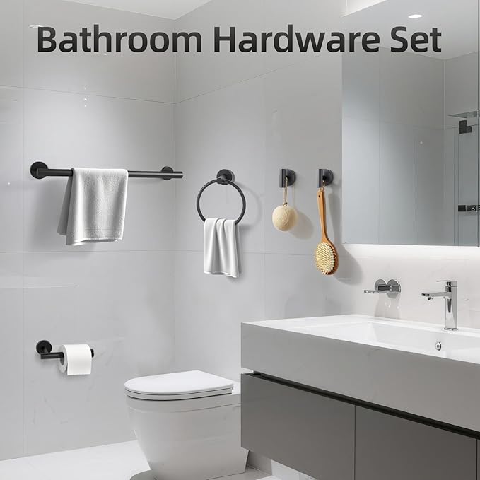 Matte Black Bathroom Hardware Set, Bathroom Towel Holder Bar Set 5 Pieces, SUS304 Stainless Steel Bathroom Towel Rack Set Wall Mounted-16 Inch Towel Bar, Toilet Paper Holder, Towel Hooks, Towel Ring