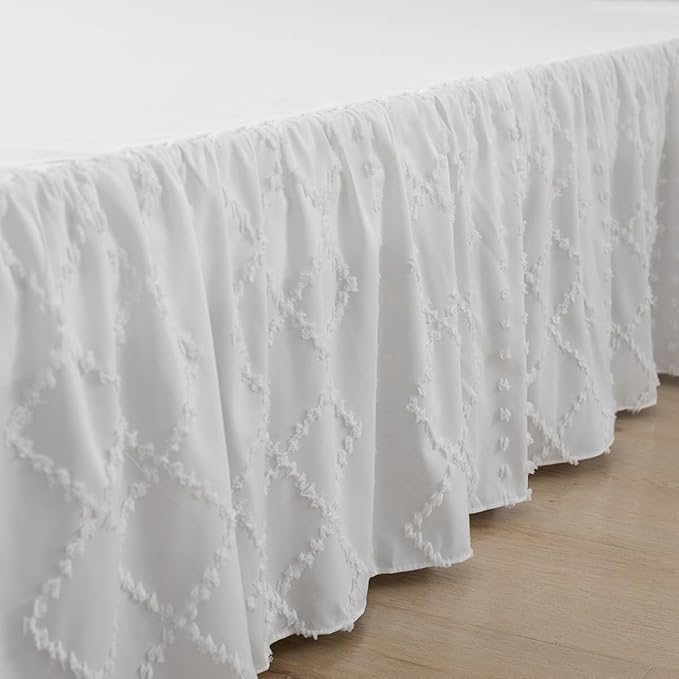 Bed Skirt Full Size，Ruffled White Bed Skirt with Split Corners，Full Bed Skirt 16 Inch Drop, Boho Tufted Shabby Chic Full Size Bed Skirt, Bed Skirt Full Size
