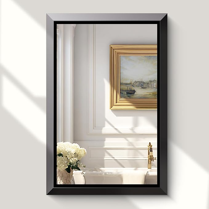 USHOWER Black Bathroom Mirrors for Over Sink, 24x36 Inch Beveled Rectangular Bathroom Vanity Mirror, Brushed Thick Aluminum Framed, Anti-Rust, 4mm Copper-Free Silver Wall Mirror
