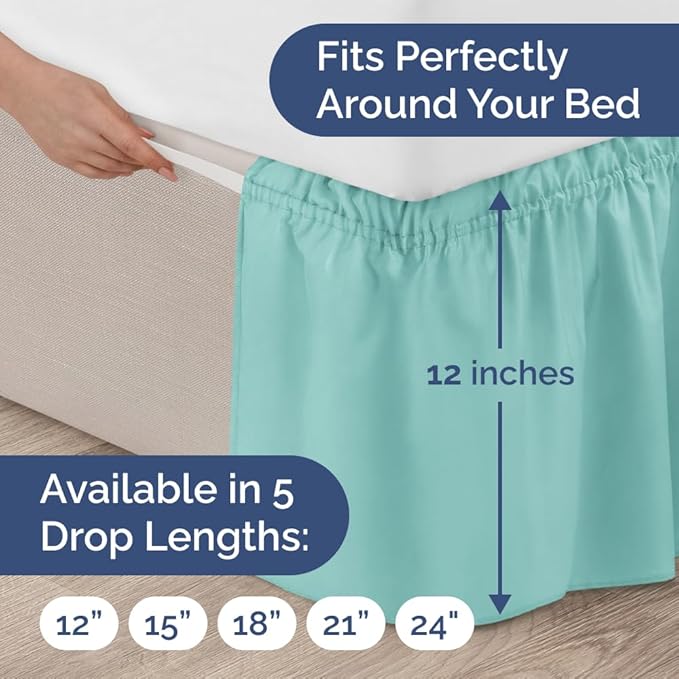 Wrap Around Dust Ruffle Bed Skirt - Spa Blue - for Full Size Beds with 12 Inch Drop - Easy Fit Elastic Strap - Adjustable Pleated Bedskirt w/Brushed Fabric Wrinkle Free - for Women, Men, Kids & Teens
