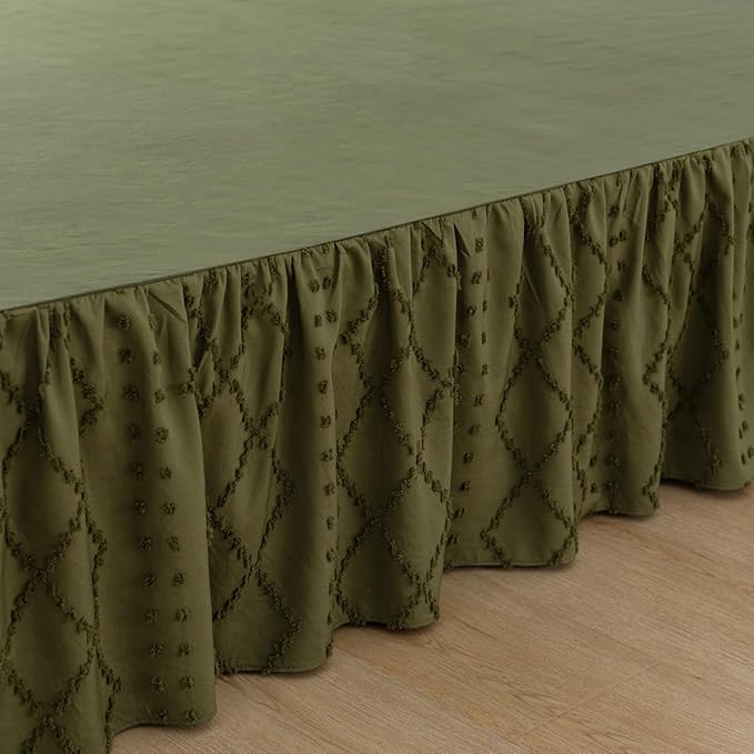 Bed Skirt Queen Size Ruffled Bed Skirt with Split Corners, 14 Inch Drop Dust Ruffle Bed Skirts with Platform, Boho Tufted Shabby Chic Queen Size Bed Skirts, Olive Green