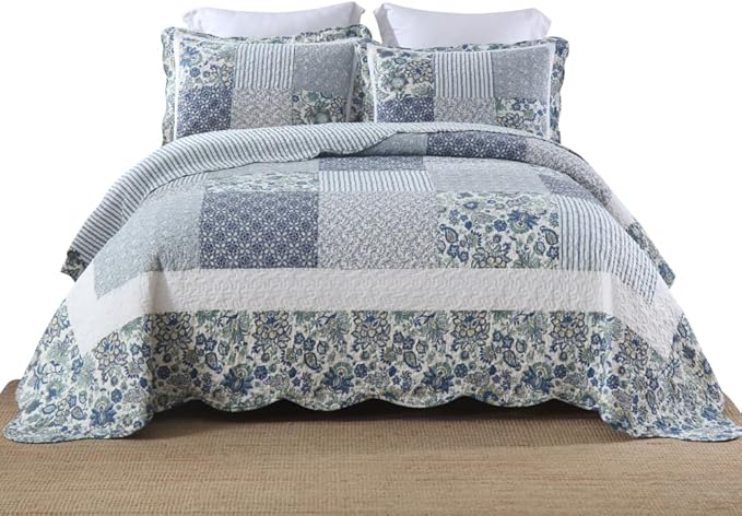 Cotton Bedspread Quilt Bedding Sets 3 Pieces Reversible Coverlet Sets Comforters Vintage Floral Patchwork Blue Bedspread (Blue Vintage Floral, Queen Size)