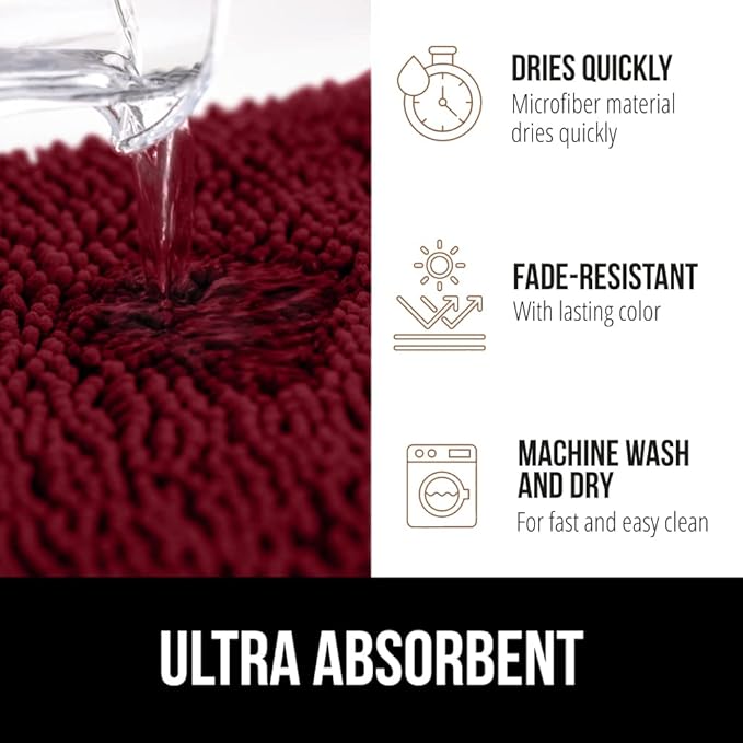 GORILLA GRIP Bath Rug Mat 36x24, Soft Absorbent Chenille, Quick Dry Microfiber Mats, Rubber Backing Washable Shower Floor Rugs, Bathmat Runner, US Designed Bathroom Home Decor Accessories Burgundy