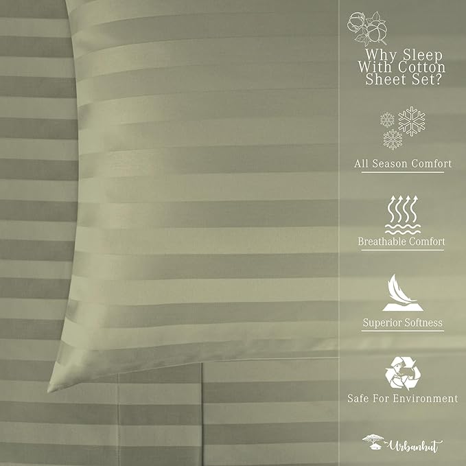 URBANHUT 1000 Thread Count Damask Striped Queen Size Egyptian Cotton Sheets, Long Staple Soft & Breathable, 4 Pc Bed Sheet Sets, Luxury Hotel Sateen Sheets Fits 16" Deep Pocket - Sage
