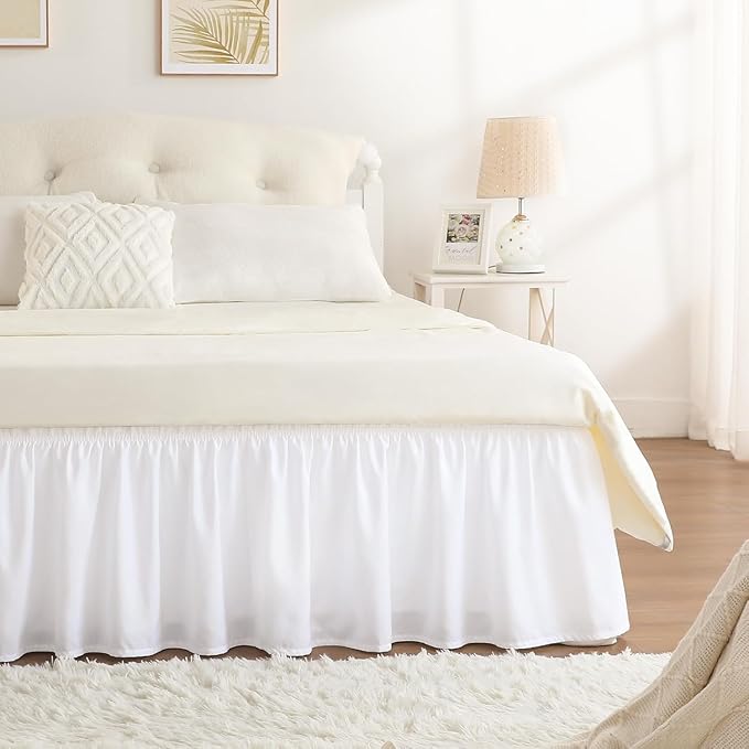 RIMELA Dorm Bed Skirt Twin XL 18 Inch Drop, Extra Long Wrap Around Elastic Bed Skirts Easy to Put On Twin Size Dust Ruffle, White Bedskirt for Adjustable Bed Base Solid Silky Fabric Machine Washable
