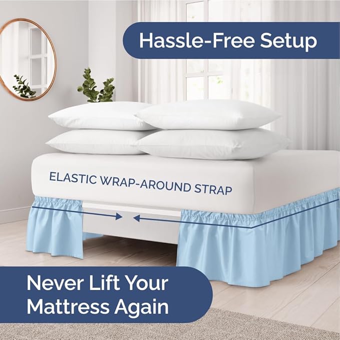 Wrap Around Dust Ruffle Bed Skirt - Light Blue - for King Size Beds with 18 Inch Drop - Elastic Strap - Adjustable Pleated Bedskirt with Brushed Fabric and Wrinkle Free - for Women, Men, Kids & Teens