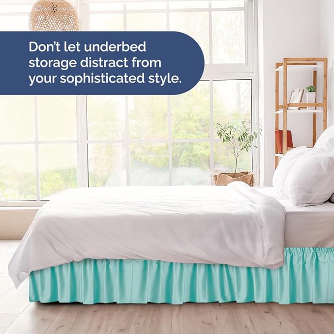 Wrap Around Dust Ruffle Bed Skirt - Spa Blue - for Full Size Beds with 21 Inch Drop - Easy Fit Elastic Strap - Adjustable Pleated Bedskirt w/Brushed Fabric Wrinkle Free - for Women, Men, Kids & Teens