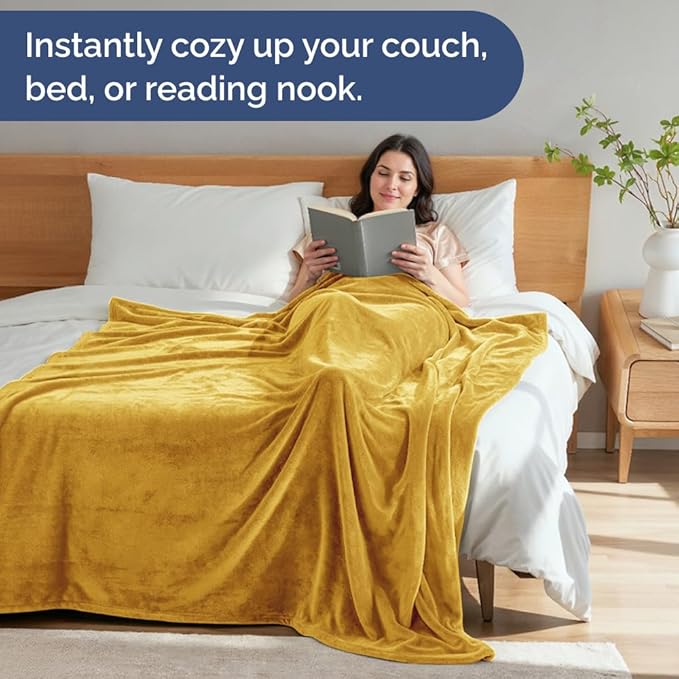 Ultra Soft Fleece Blanket Throw Size - Flannel Fleece Luxury Throw Blanket - Lightweight for Couch Bed Chair - Thick, Warm and Breathable - All Season Cozy Fuzzy, Anti-Static Microplush Bedding, Gold