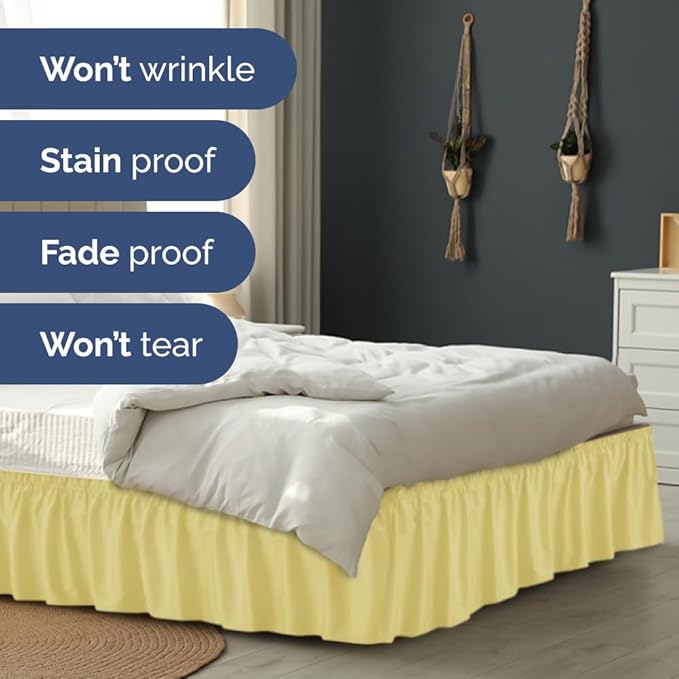 Wrap Around Dust Ruffle Bed Skirt - Yellow - for King Size Beds with 12 Inch Drop - Easy Fit Elastic Strap - Adjustable Pleated Bedskirt w/Brushed Fabric - Wrinkle Free - for Women, Men, Kids & Teens