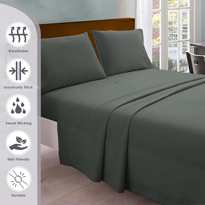 Pizuna Pure 100% Cotton Queen Size Sheets, 800 Thread Count Long Staple Cotton Crisp Sateen Sheets with 15inch Deep Pocket - Combed Dark Grey Cotton