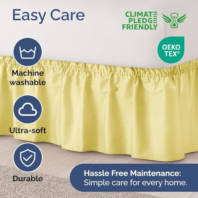 Wrap Around Dust Ruffle Bed Skirt - Yellow - Twin/Twin XL Size Beds with 18 Inch Drop - Easy Fit Elastic Strap - Adjustable Pleated Bedskirt w/Brushed Fabric - Wrinkle Free - Women, Men, Kids & Teens