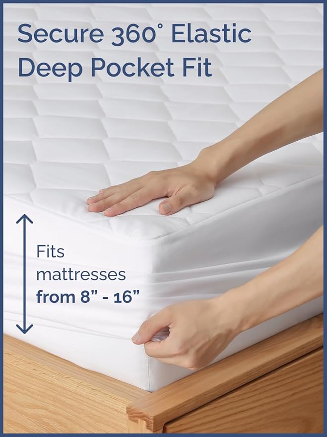 Quilted Fitted Mattress Pad King Size - Elastic Fitted Mattress Topper Protector & Cover - Breathable, Soft, Low Profile Top Cover with 8-16 Inch Deep Pockets - Easy-Fit and Machine Washable - White