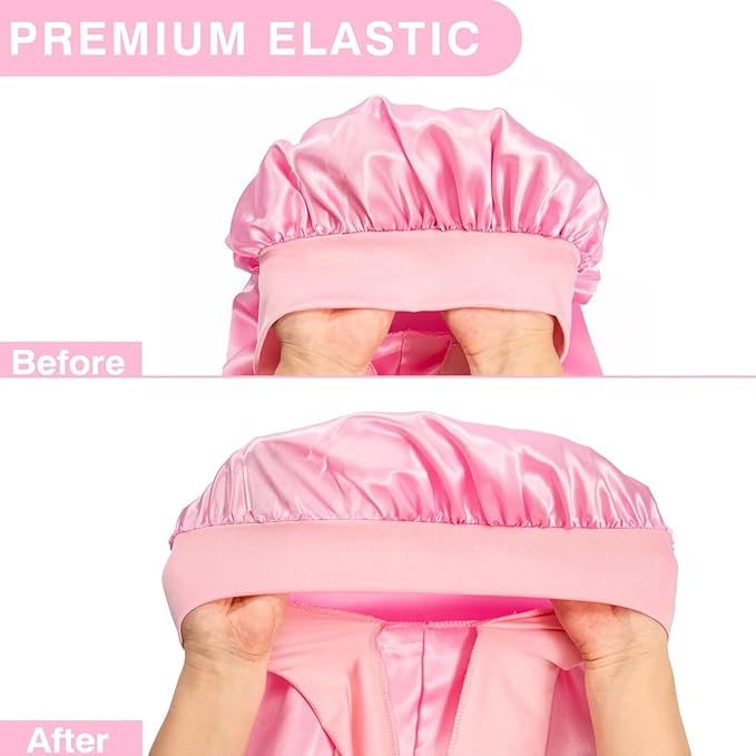 3Pcs Bonnets for Black Women Braid Bonnet, Large Long Satin Bonnet for Braids Sleeping, Black Women Satin Silk Bonnet (3Pcs-Black & Pink & Leopard)