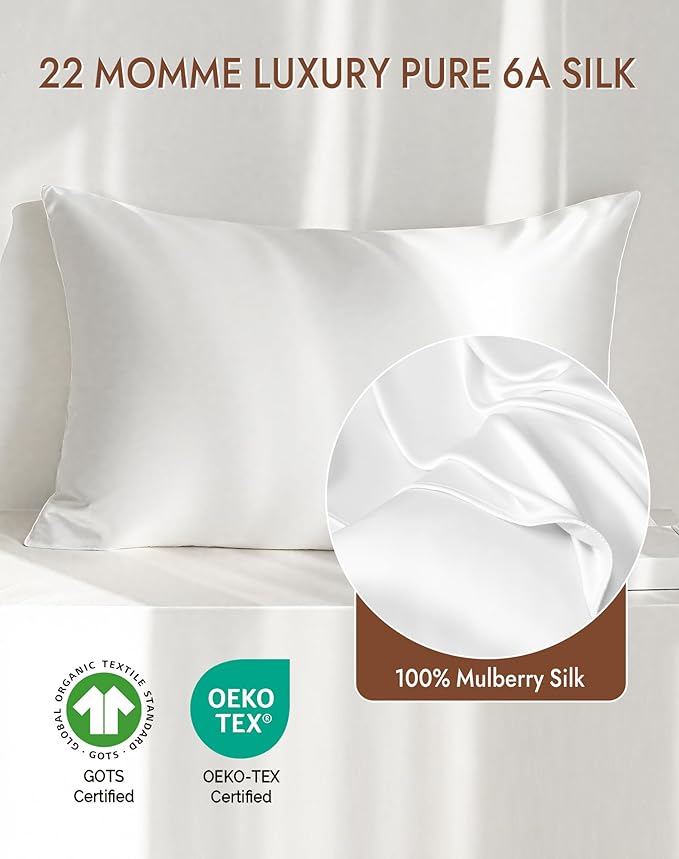 SilkSilky 100% Mulberry Silk Pillowcase - Pure 22 Momme High-Grade 6A Fibers for Hair & Skin, Envelope Closure, Natural, Organic, Breathable & Cooling Pillow Case (King, White)