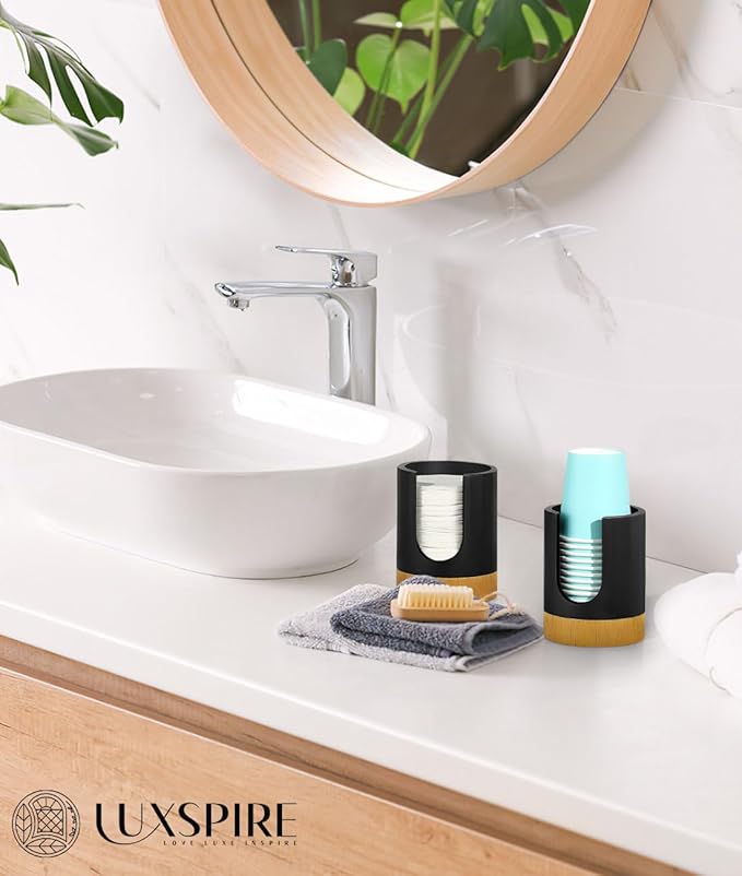 Luxspire Bathroom Cup Dispenser, 3oz Dixie Cup Dispenser, Guest Bathroom Essentials, Resin Cup Dispenser, Disposable Paper Cup Holder, Cotton Pad Holder, Bathroom Accessories - Matte Black