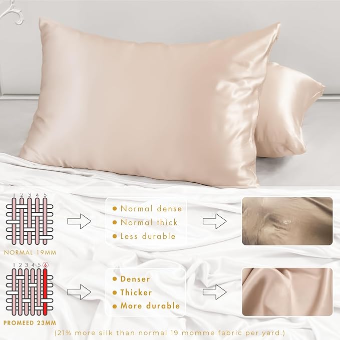 PROMEED 100% Mulberry Silk Pillowcase King for Hair and Skin, Both Sides Grade 6A+ 23mm Silk Pillow Case with Zipper, 1400 TC, Soft & Smooth (King 20"x36", Champagne)