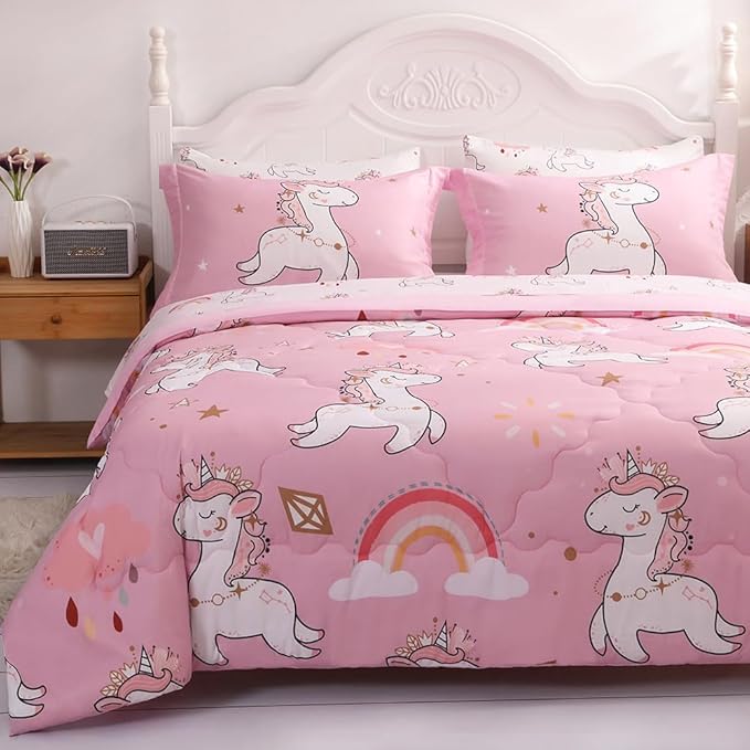 Wajade Kids Pink Unicorn Comforter Set Bed in A Bag Queen Size 7 Piece Cute Unicorn Rainbow Clouds Bedding Set for Girls (1 Comforter, 1 Flat Sheet, 1 Fitted Sheet, 2 Pillowcase and 2 Pillow Sham)